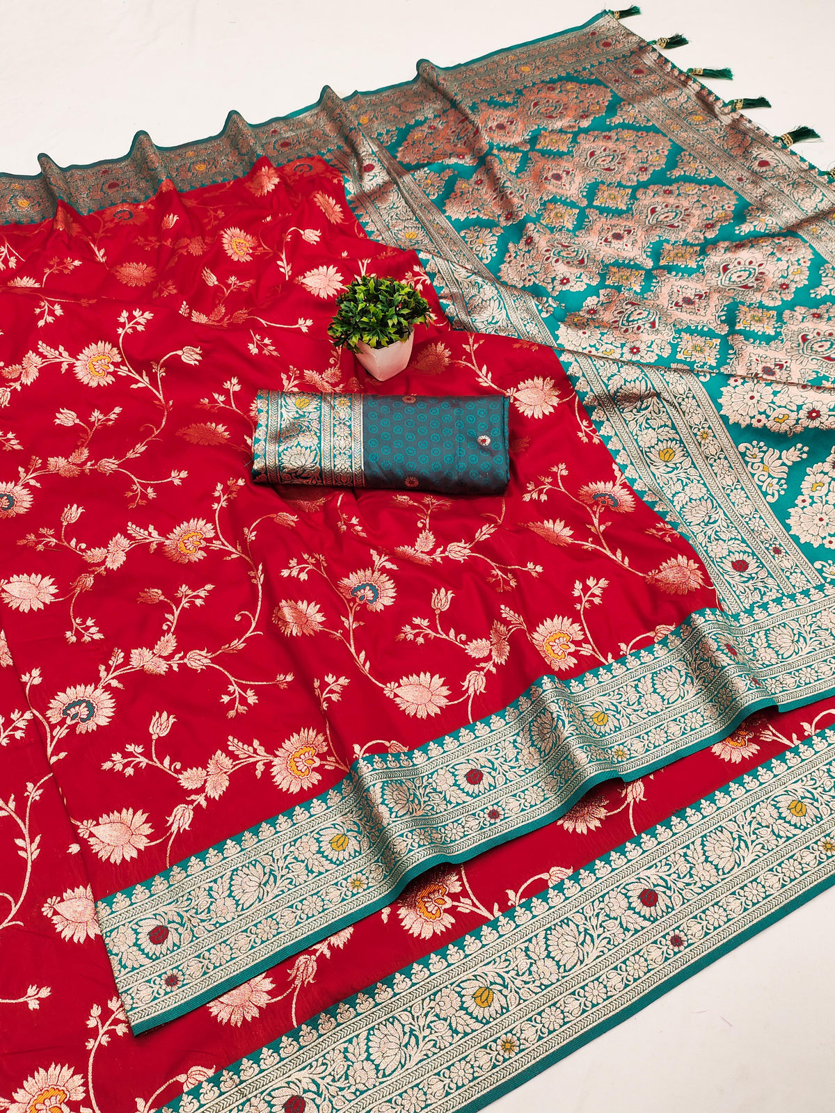 Graceful Red and Teal Banarasi Silk Saree Royal Statement saree for women