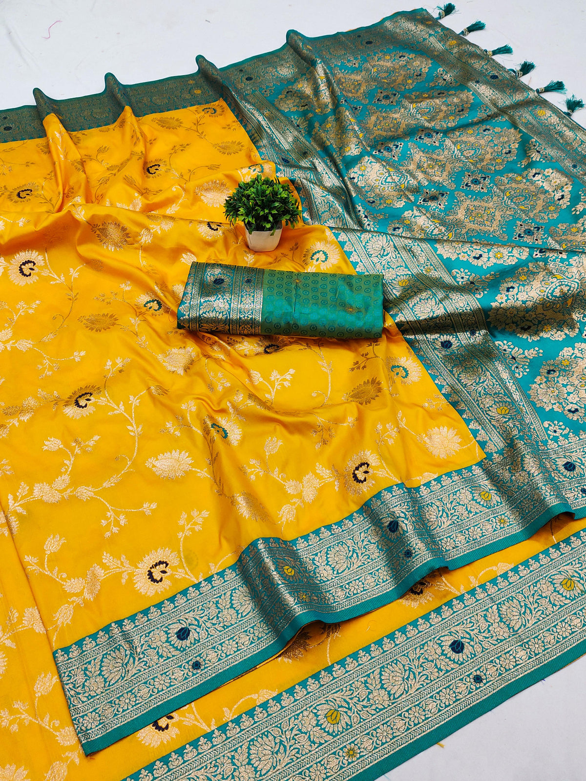 Elegant Yellow and Teal Banarasi Silk Saree Royal Ethnic Attire saree for women
