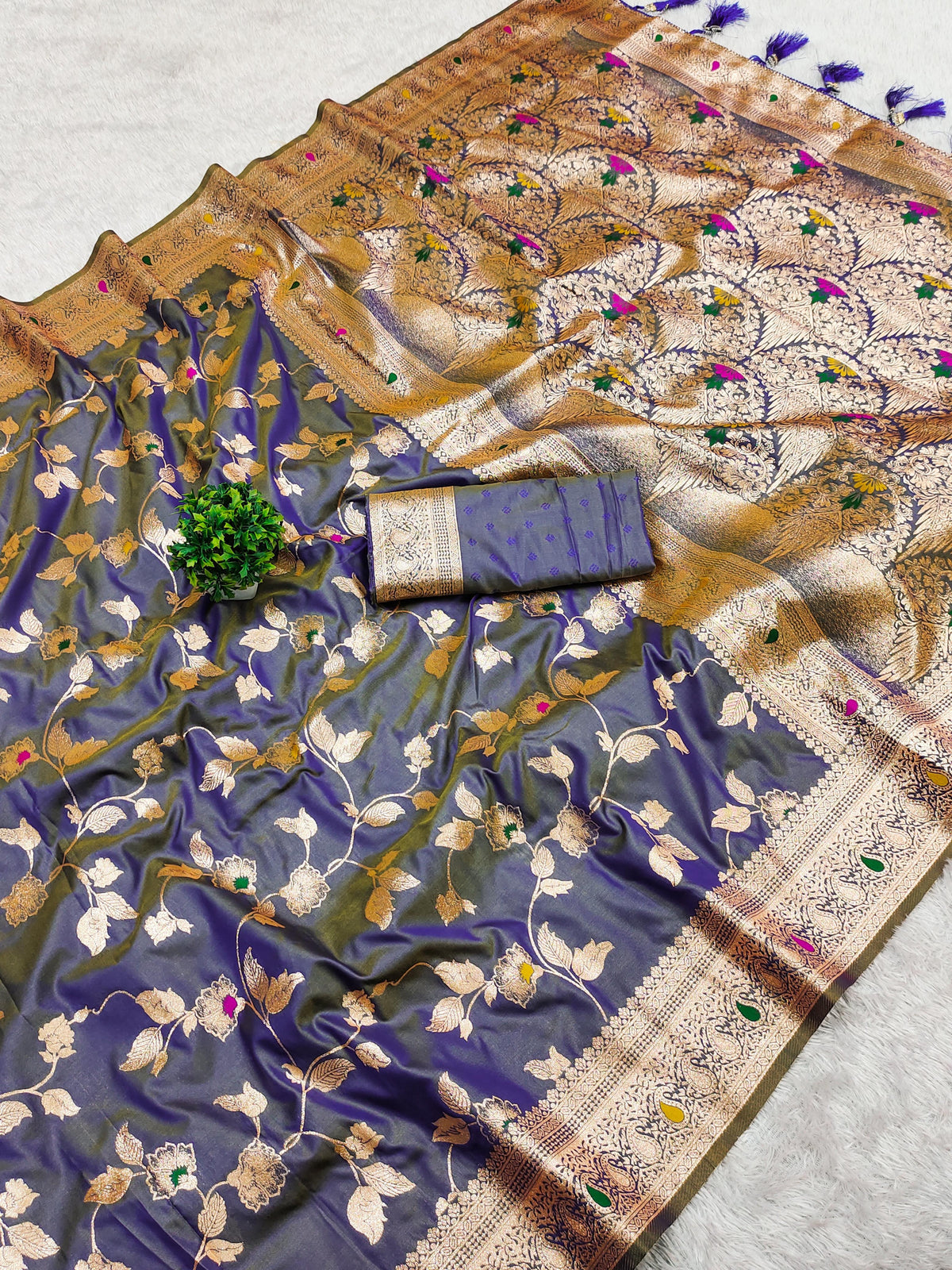 Royal Blue and Olive Green Banarasi Silk Saree Blend of Tradition and Elegance