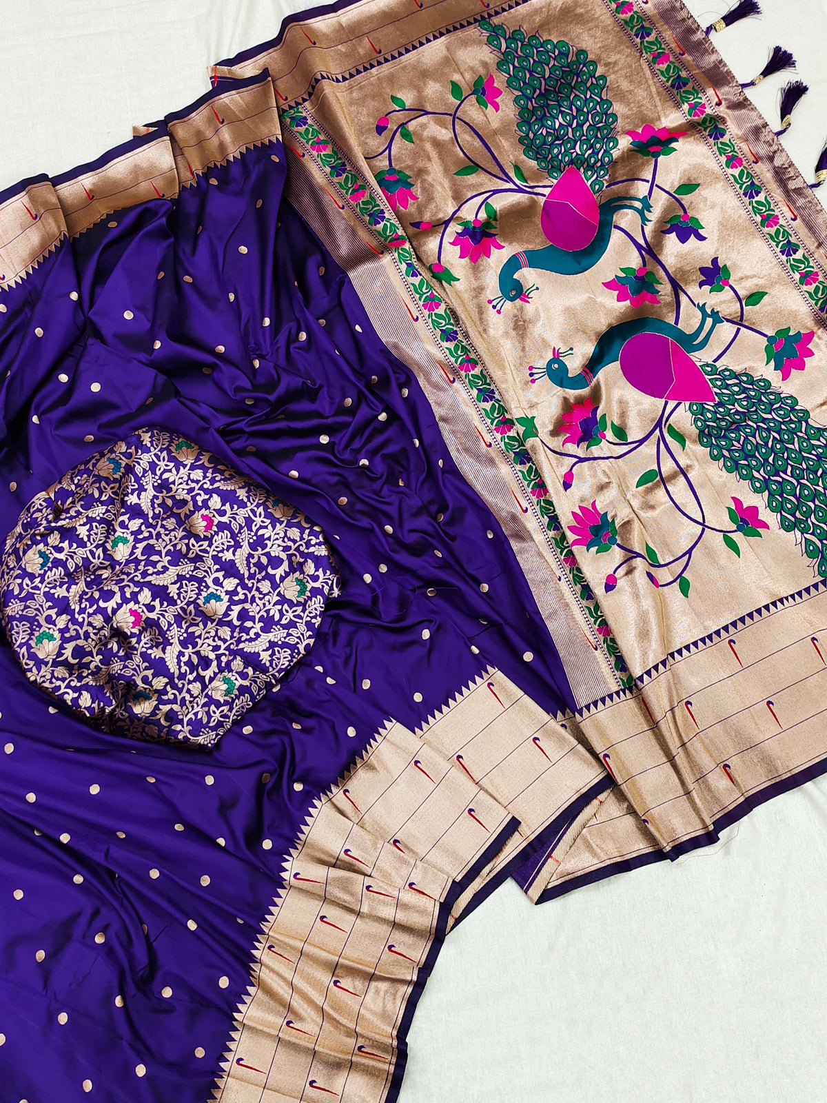 Purple Paithani Silk Saree with Golden Zari & Majestic Peacock Motif Pallu – Bridal & Festive Wear