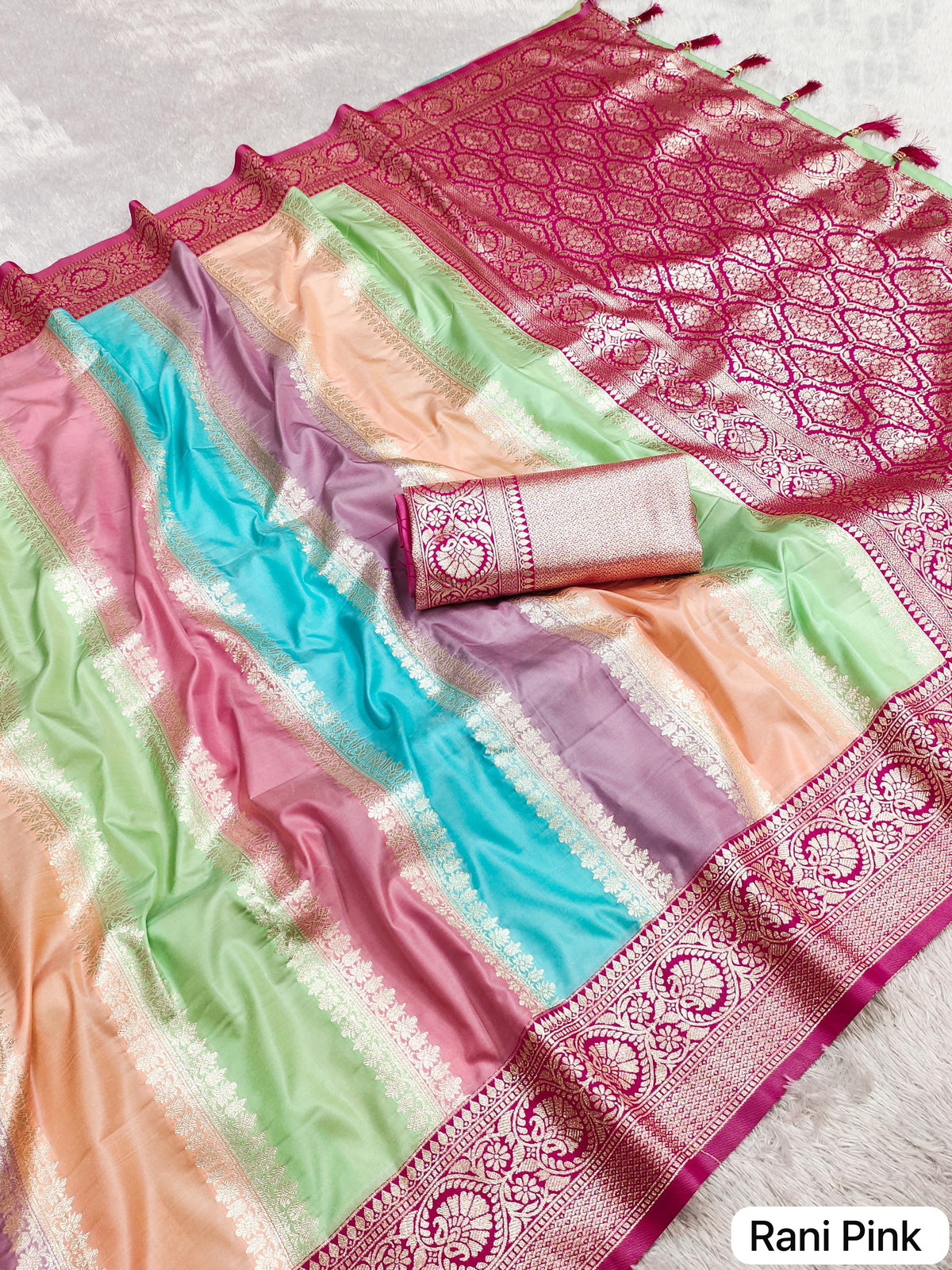 Enchanting Rani Pink And Pastel Banarasi Silk Saree A Statement of Elegance