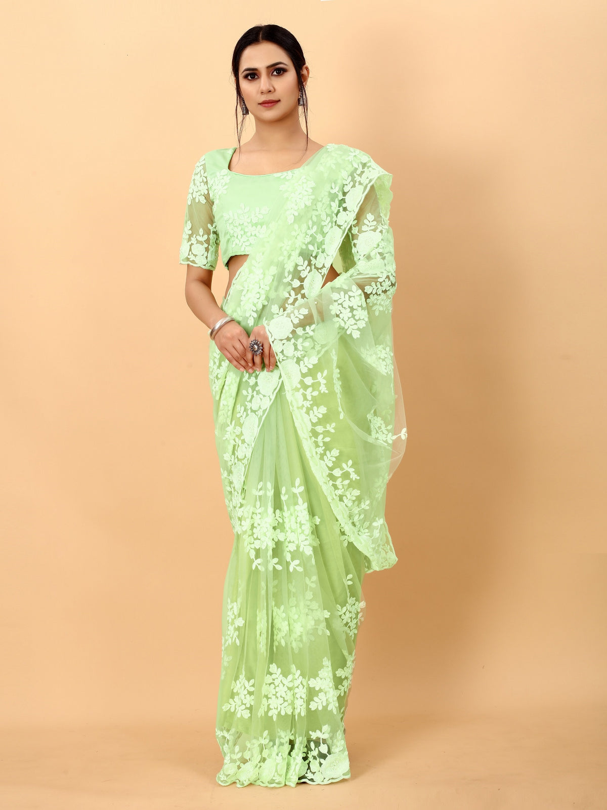 Light Green Soft Net Beads Work Motif net Embroidery Cut Work C-Pallu Saree