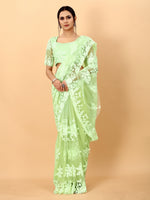 Light Green Soft Net Beads Work Motif net Embroidery Cut Work C-Pallu Saree
