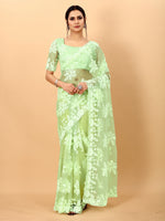 Light Green Soft Net Beads Work Motif net Embroidery Cut Work C-Pallu Saree