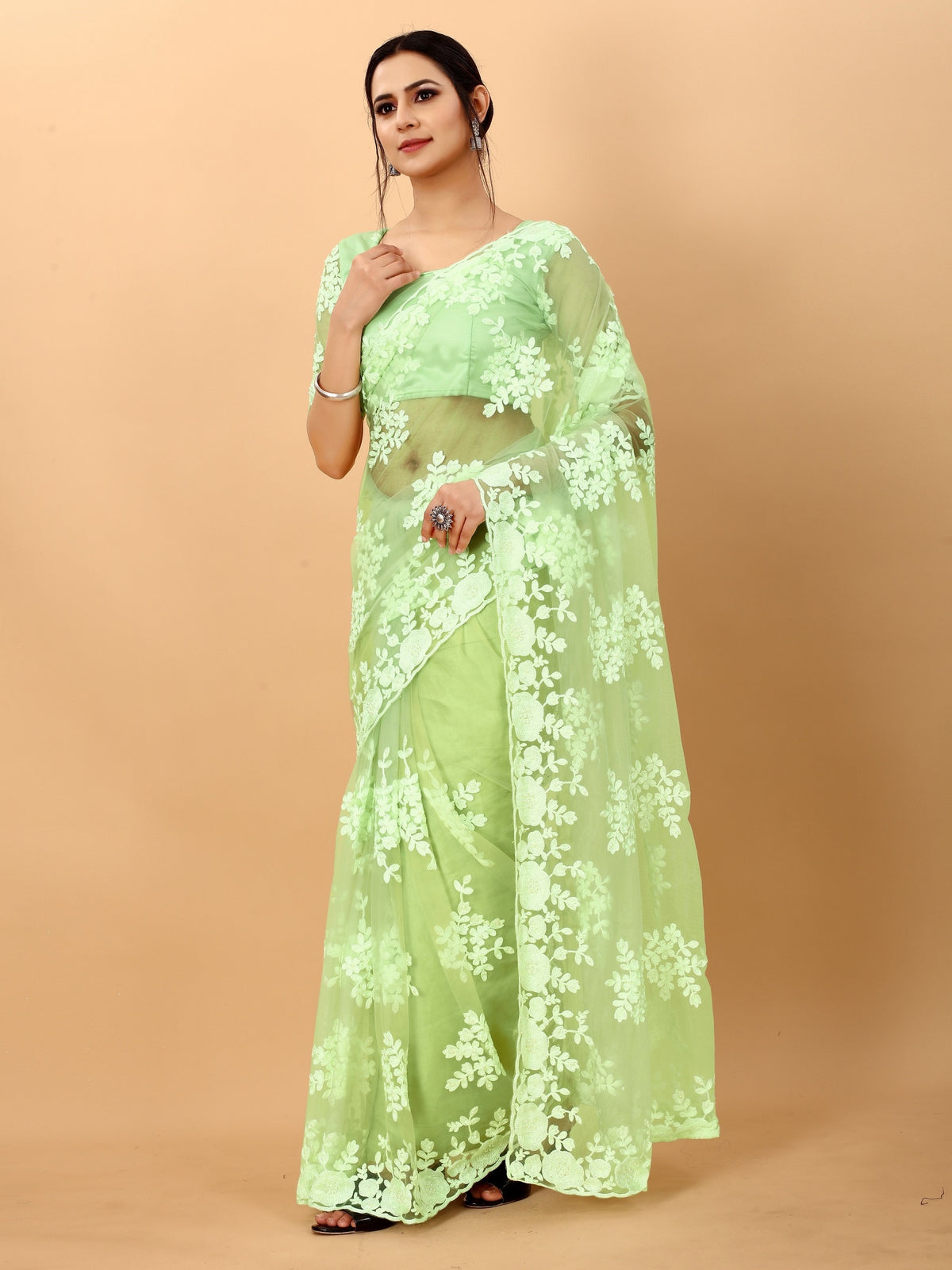 Light Green Soft Net Beads Work Motif net Embroidery Cut Work C-Pallu Saree