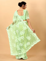 Light Green Soft Net Beads Work Motif net Embroidery Cut Work C-Pallu Saree