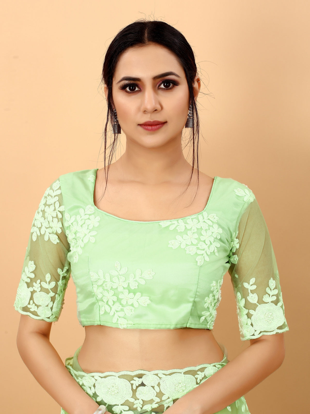 Light Green Soft Net Beads Work Motif net Embroidery Cut Work C-Pallu Saree