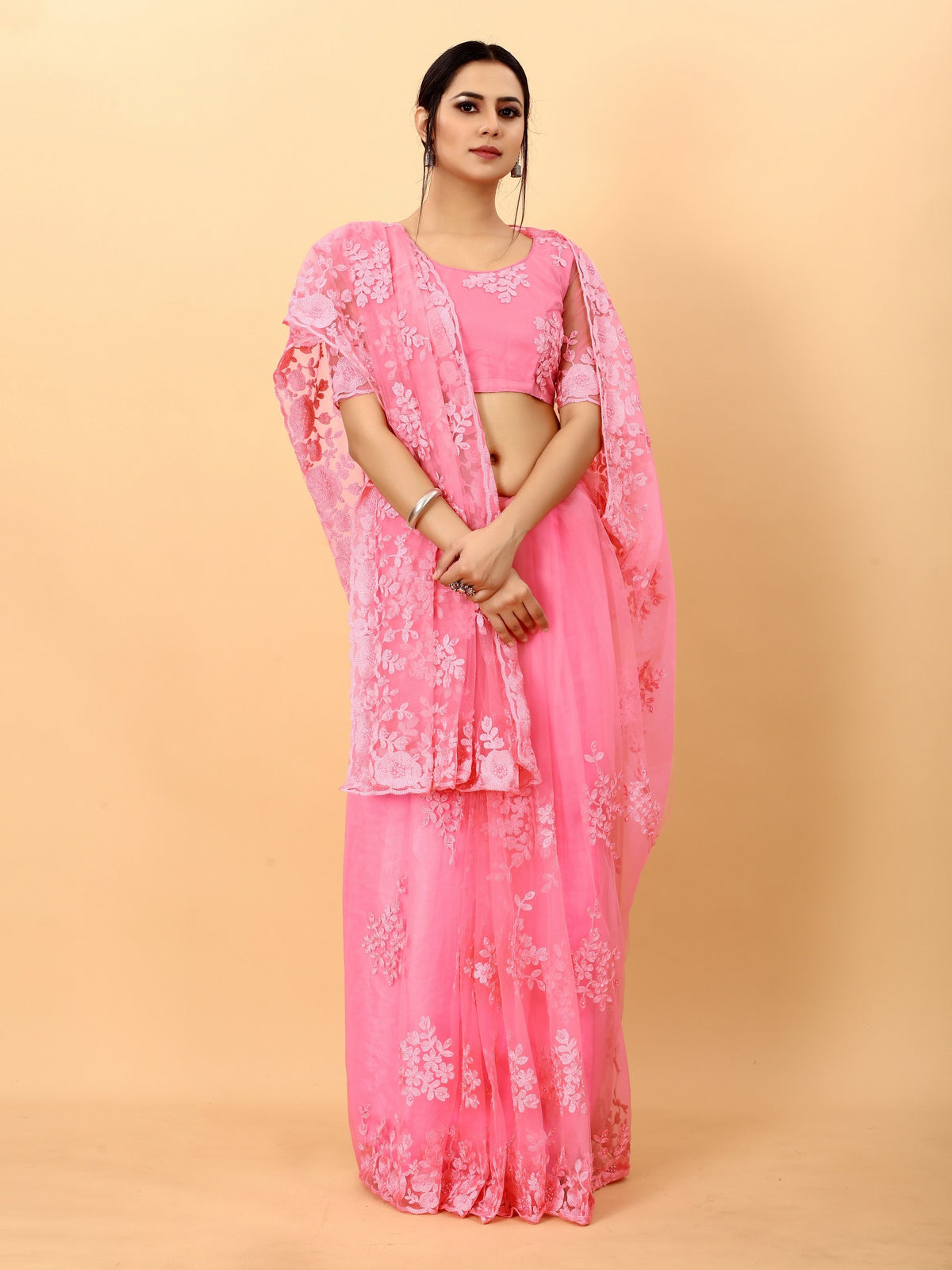 Pink Soft Net Beads Work Motif net Embroidery Cut Work C-Pallu Saree