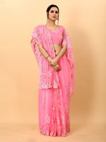 Pink Soft Net Beads Work Motif net Embroidery Cut Work C-Pallu Saree