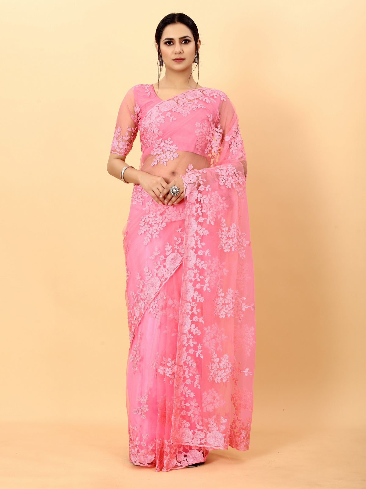 Pink Soft Net Beads Work Motif net Embroidery Cut Work C-Pallu Saree
