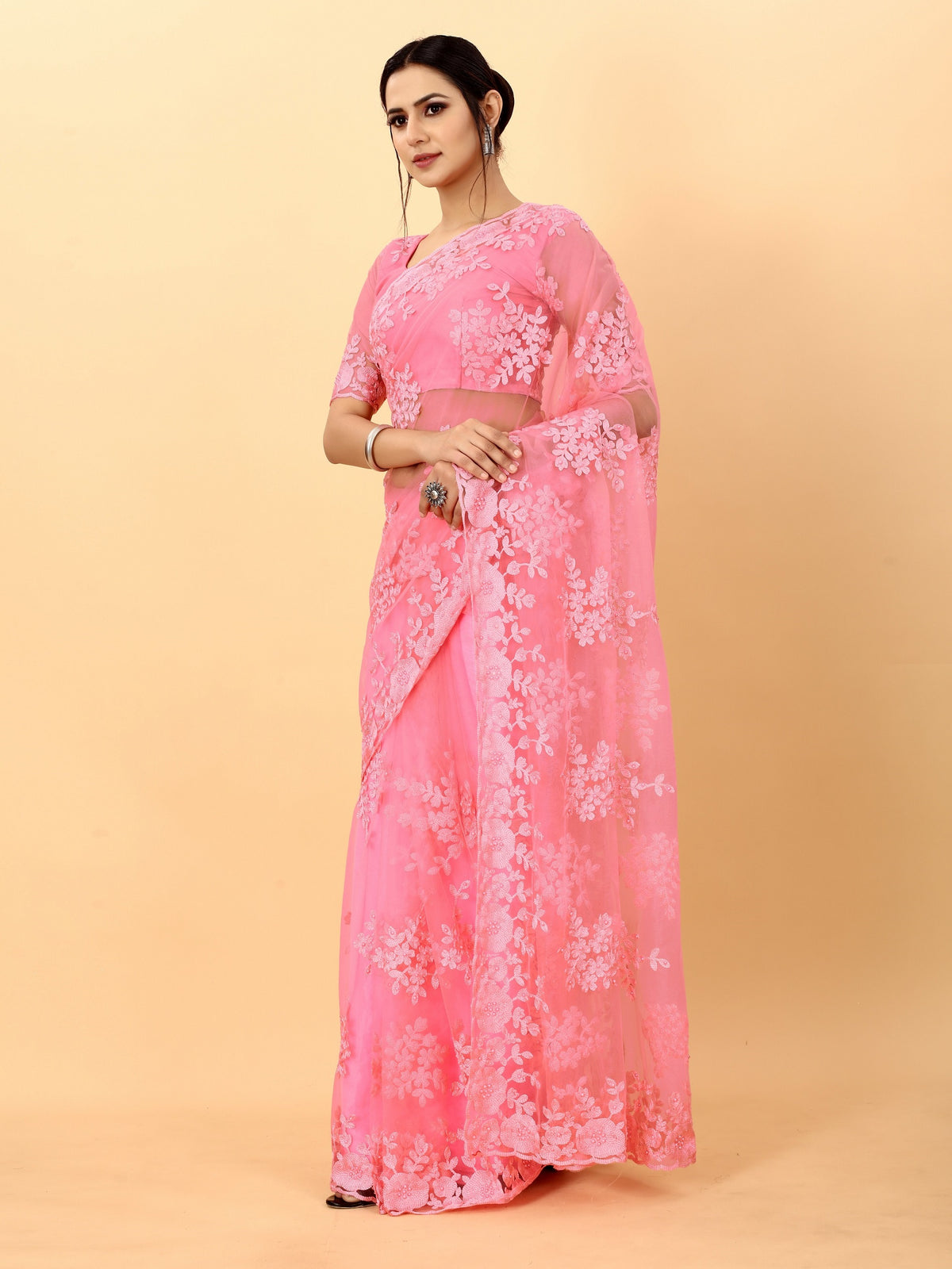 Pink Soft Net Beads Work Motif net Embroidery Cut Work C-Pallu Saree