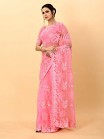 Pink Soft Net Beads Work Motif net Embroidery Cut Work C-Pallu Saree