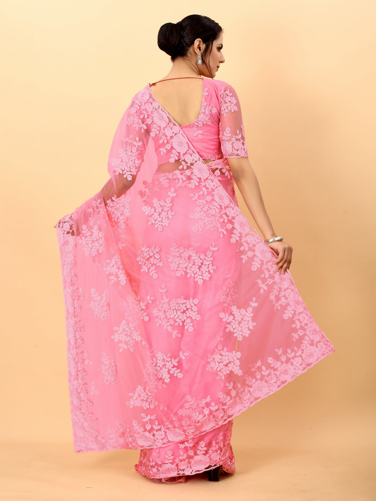 Pink Soft Net Beads Work Motif net Embroidery Cut Work C-Pallu Saree