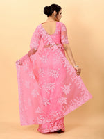 Pink Soft Net Beads Work Motif net Embroidery Cut Work C-Pallu Saree