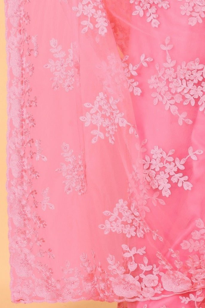 Pink Soft Net Beads Work Motif net Embroidery Cut Work C-Pallu Saree