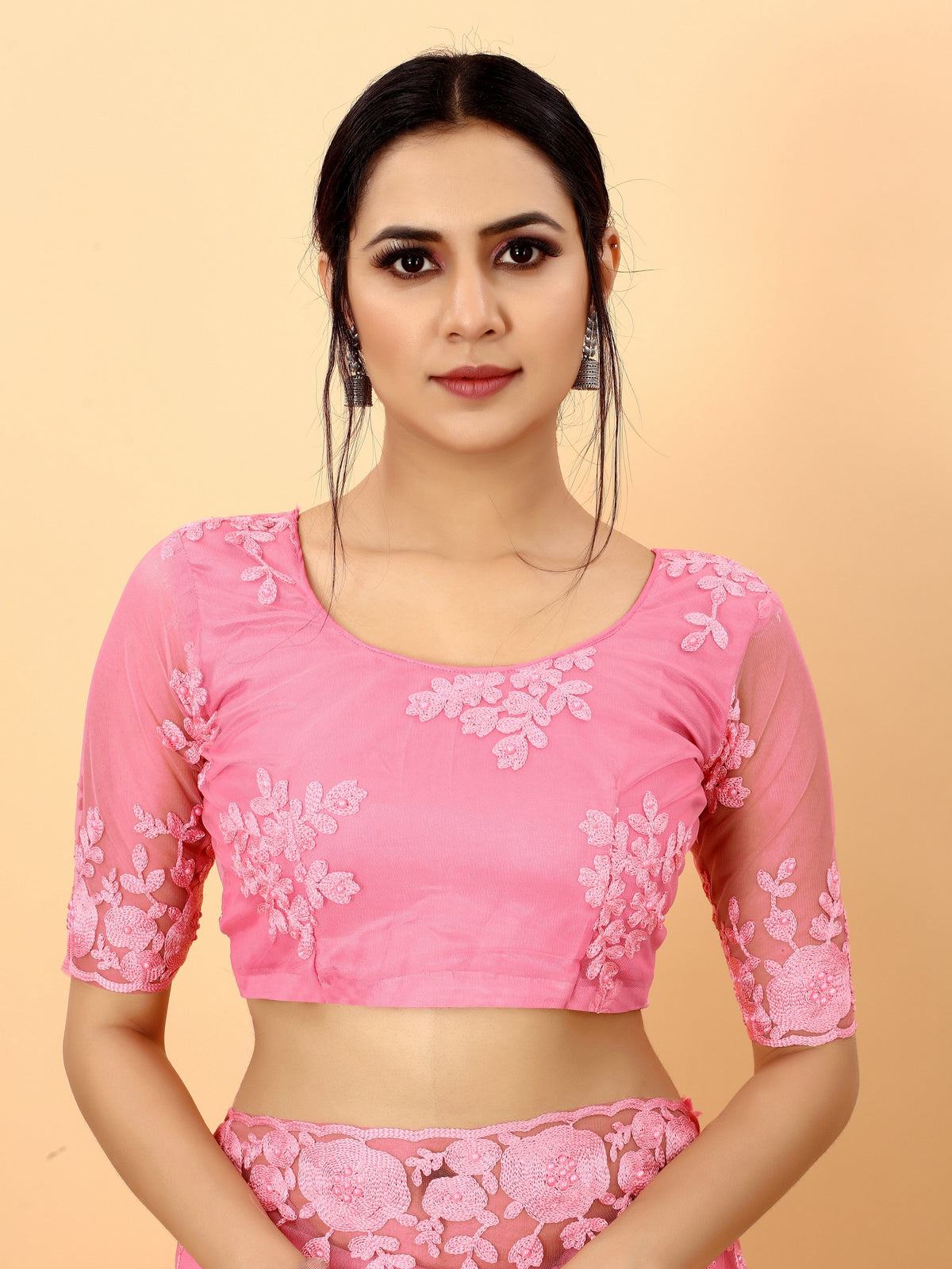 Pink Soft Net Beads Work Motif net Embroidery Cut Work C-Pallu Saree