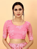 Pink Soft Net Beads Work Motif net Embroidery Cut Work C-Pallu Saree