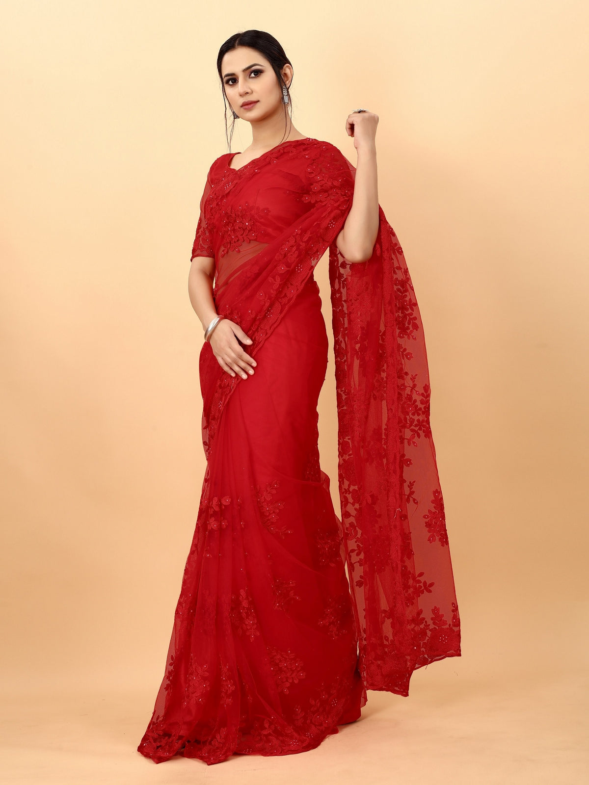 Red Soft Net Beads Work Motif net Embroidery Cut Work C-Pallu Saree