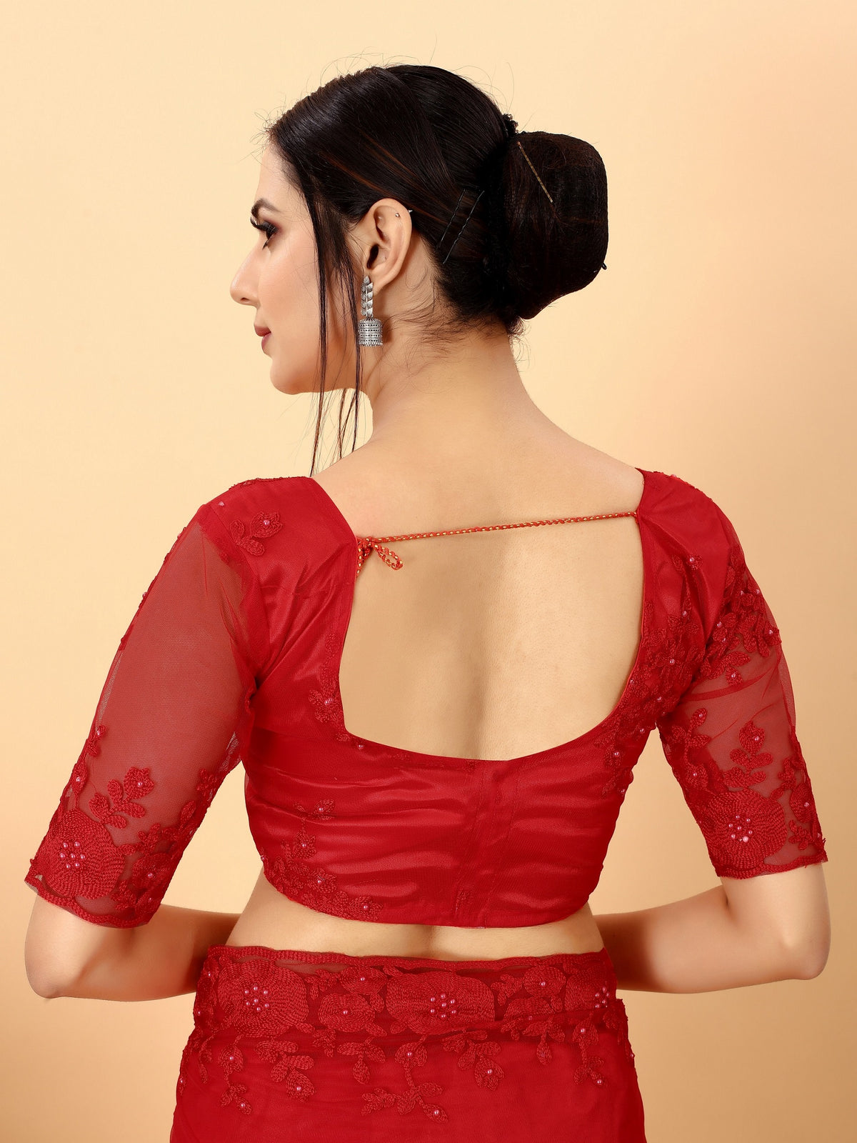 Red Soft Net Beads Work Motif net Embroidery Cut Work C-Pallu Saree