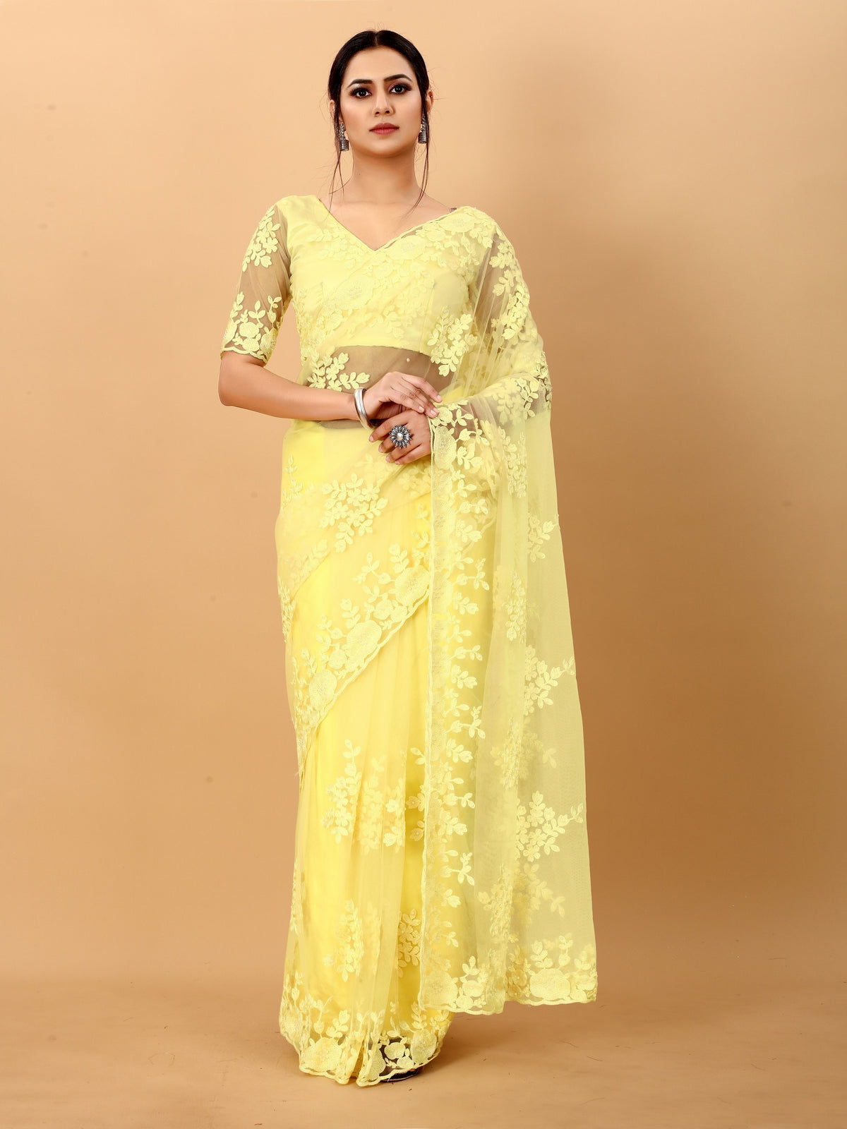 Yellow Net Beads Work Motif net Embroidery Cut Work C-Pallu Saree