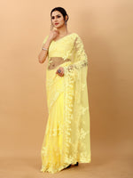 Yellow Net Beads Work Motif net Embroidery Cut Work C-Pallu Saree
