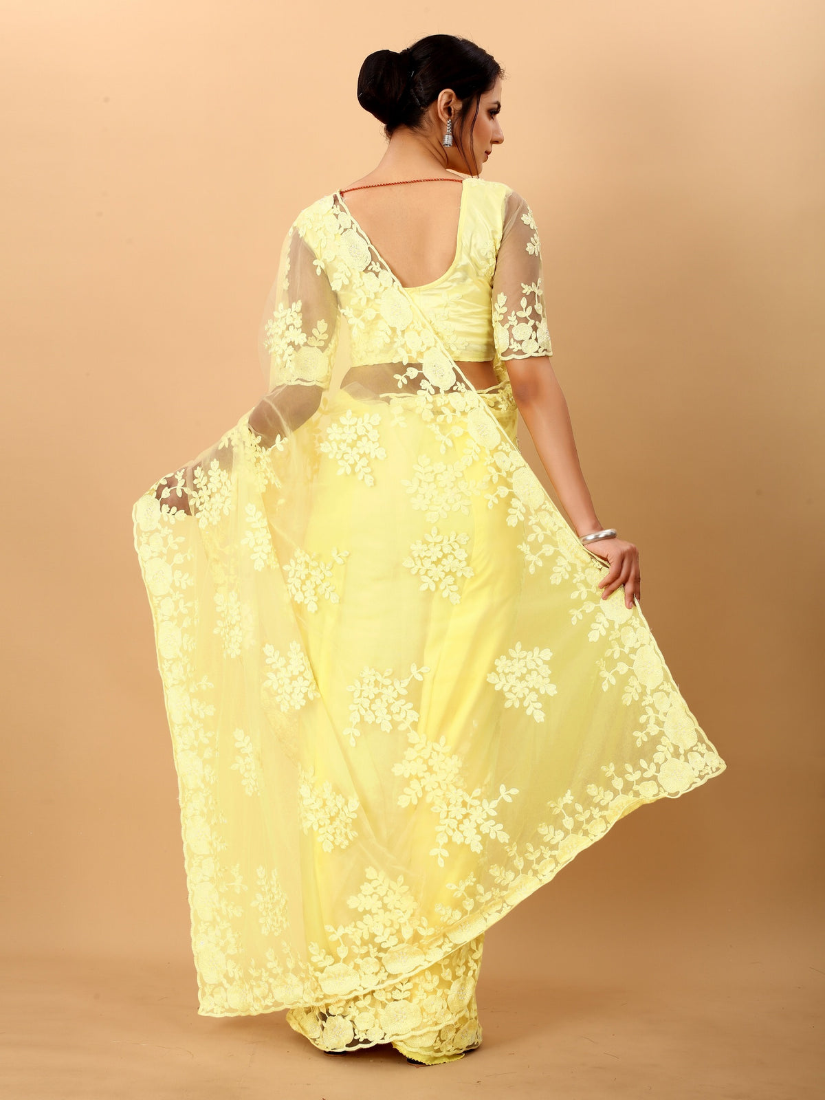 Yellow Net Beads Work Motif net Embroidery Cut Work C-Pallu Saree