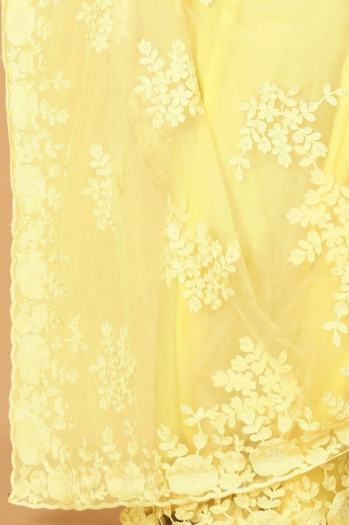 Yellow Net Beads Work Motif net Embroidery Cut Work C-Pallu Saree