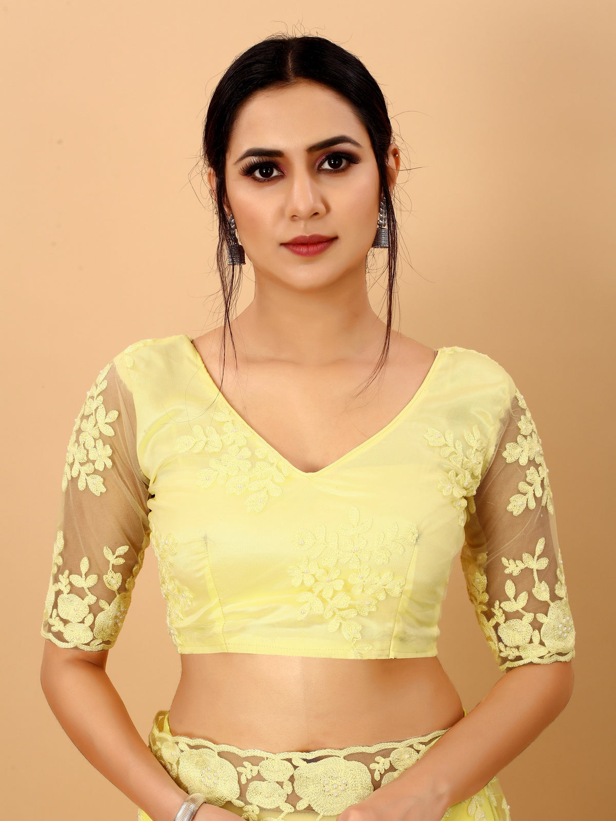 Yellow Net Beads Work Motif net Embroidery Cut Work C-Pallu Saree