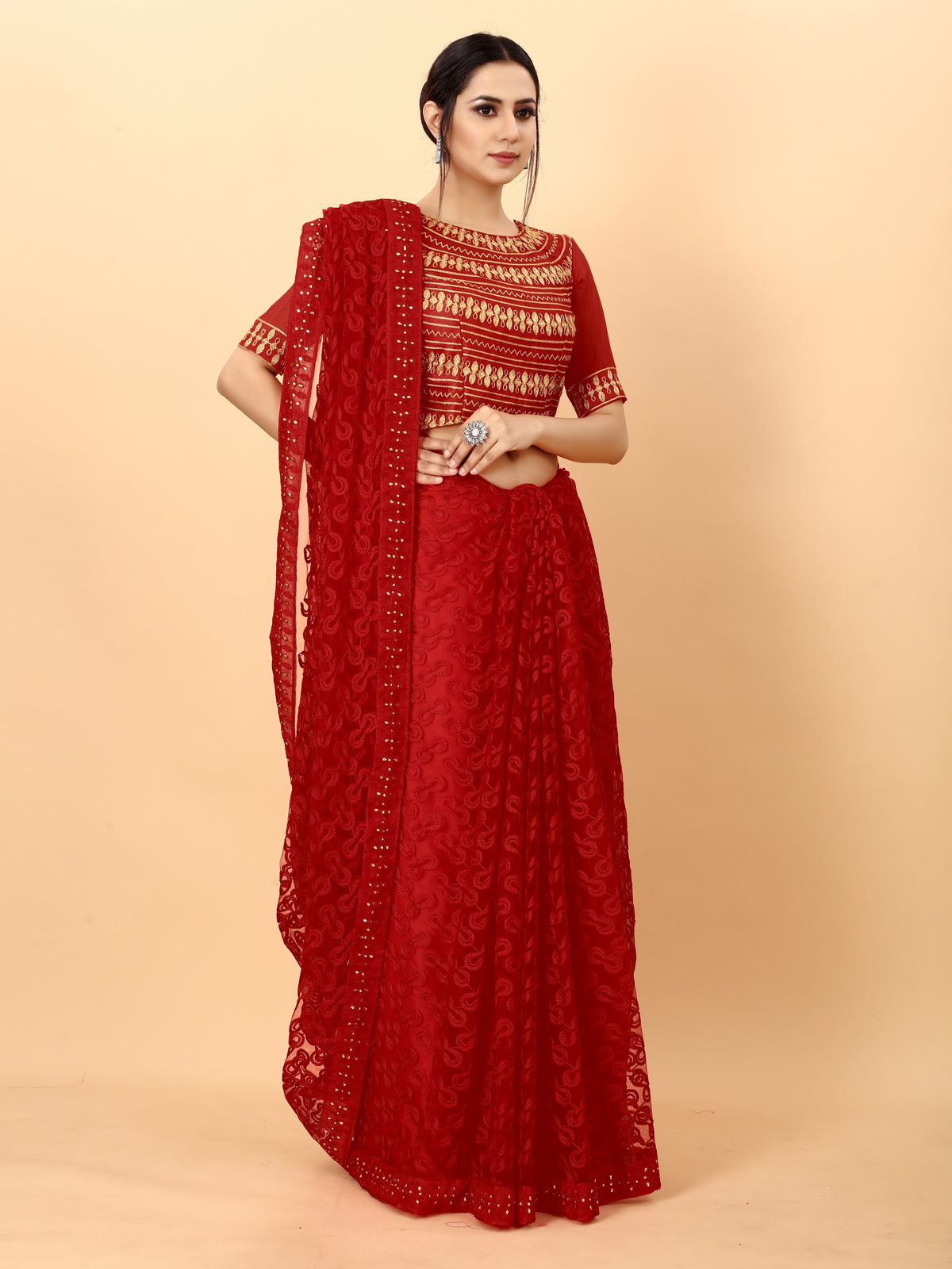 Red Color Ethnic Motif Bordr Beads Work All Over Net Embroidery Party wear Saree