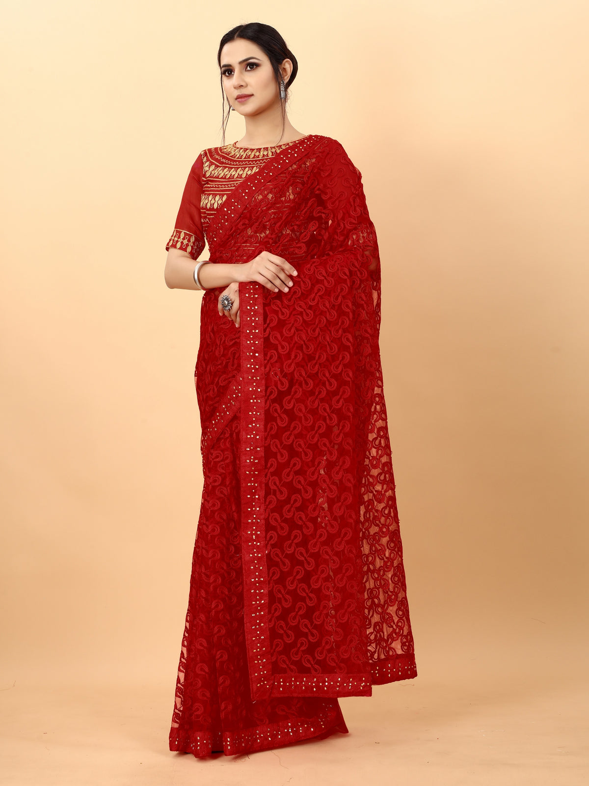 Red Color Ethnic Motif Bordr Beads Work All Over Net Embroidery Party wear Saree