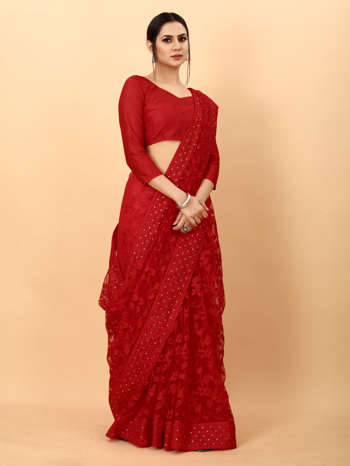 Red Color Ethnic Motif Borer Beads Work All Over Net Embroidery Party wear Saree