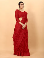 Red Color Ethnic Motif Borer Beads Work All Over Net Embroidery Party wear Saree