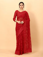 Red Color Ethnic Motif Borer Beads Work All Over Net Embroidery Party wear Saree