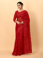 Red Color Ethnic Motif Borer Beads Work All Over Net Embroidery Party wear Saree