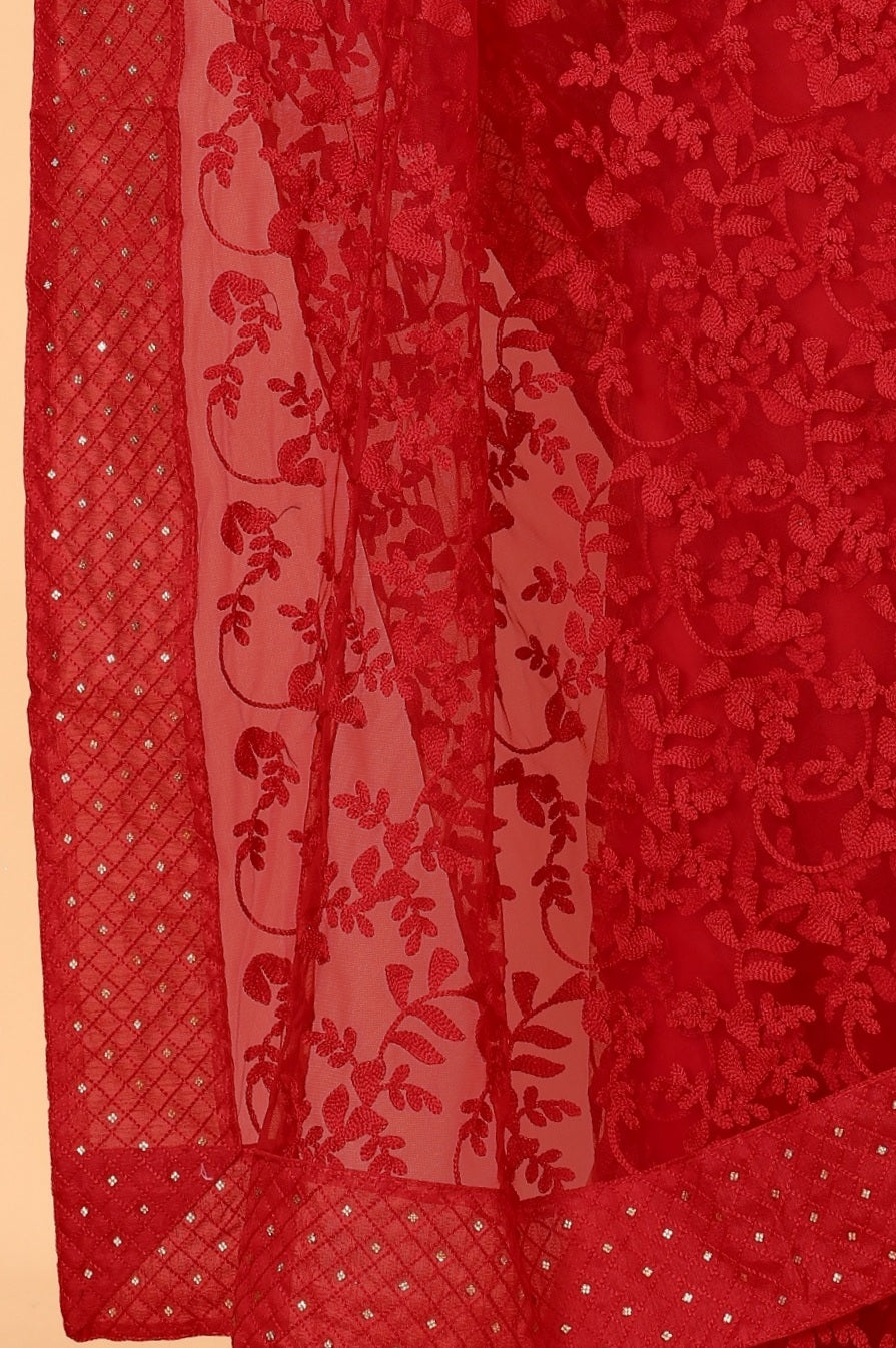 Red Color Ethnic Motif Borer Beads Work All Over Net Embroidery Party wear Saree