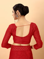 Red Color Ethnic Motif Borer Beads Work All Over Net Embroidery Party wear Saree