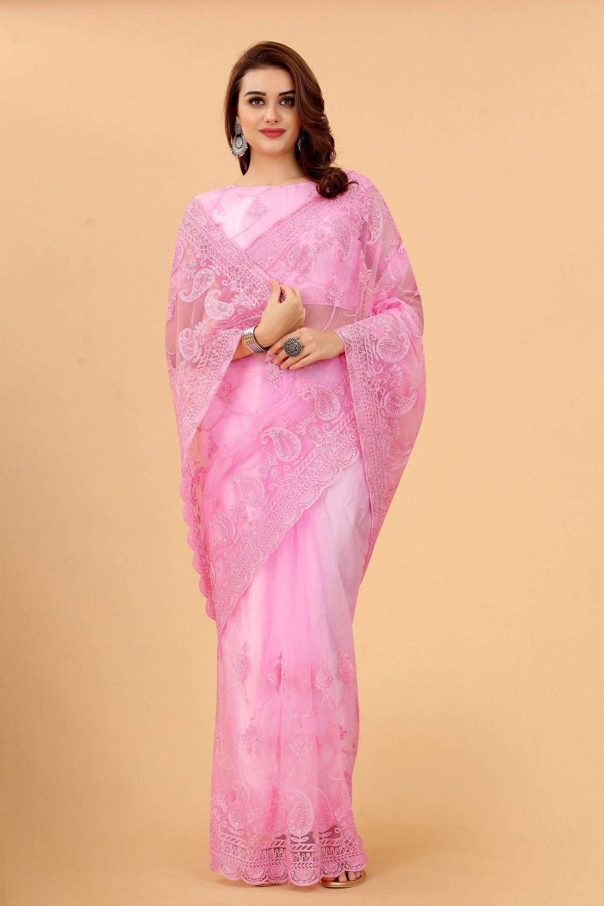 Pink Soft Net Ethnic Motif net Embroidery Party Wear C-Pallu Saree