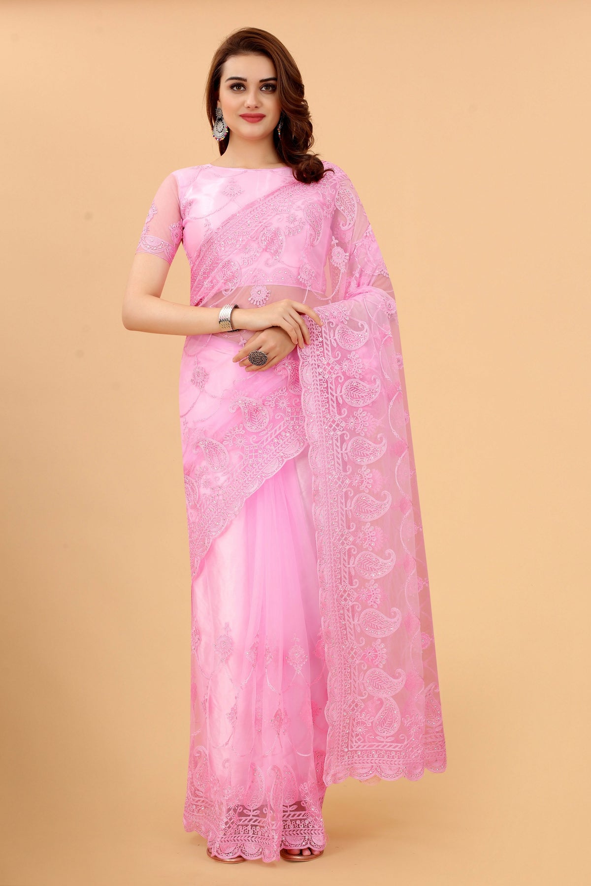 Pink Soft Net Ethnic Motif net Embroidery Party Wear C-Pallu Saree