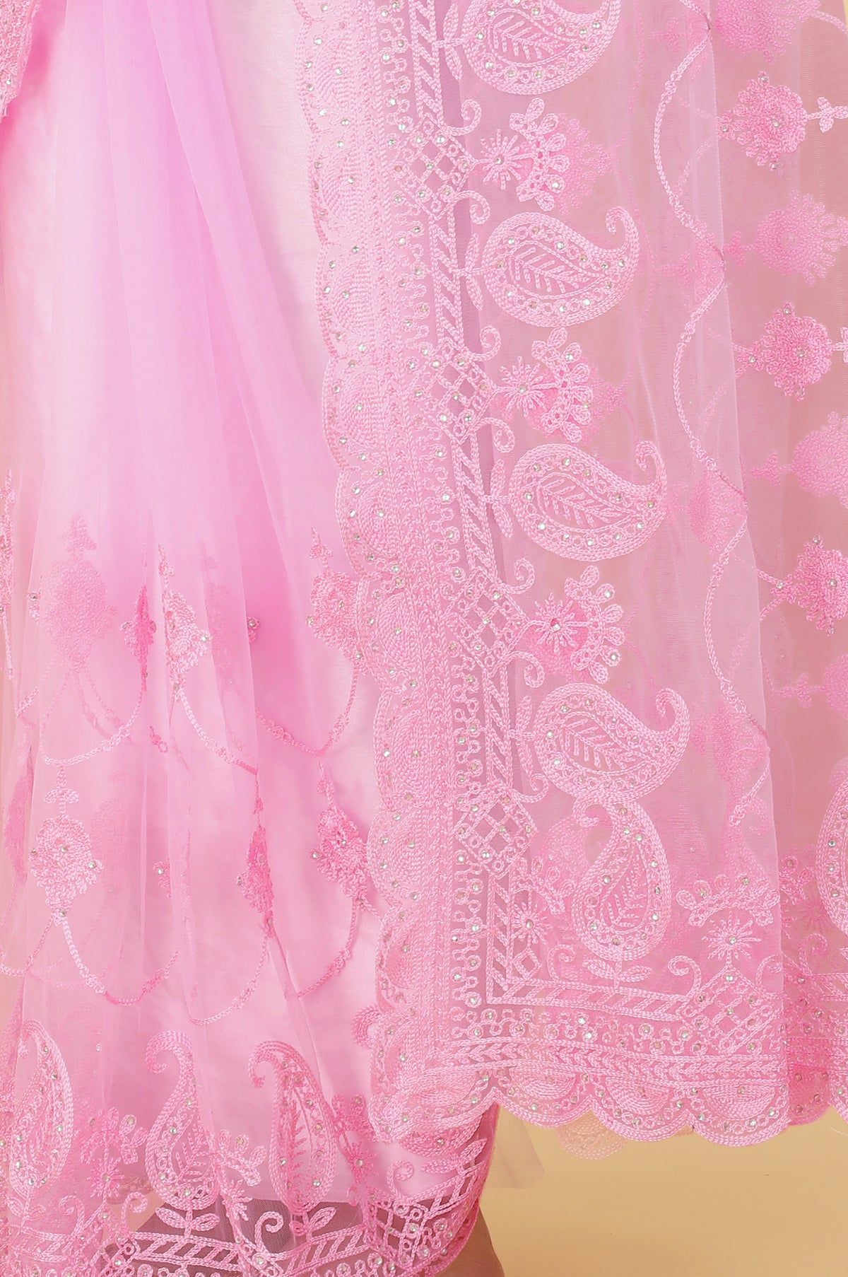 Pink Soft Net Ethnic Motif net Embroidery Party Wear C-Pallu Saree