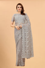 Soft Net Grey Color Ethnic Motif Net Embroidery Party wear C-Pallu Saree