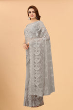 Soft Net Grey Color Ethnic Motif Net Embroidery Party wear C-Pallu Saree