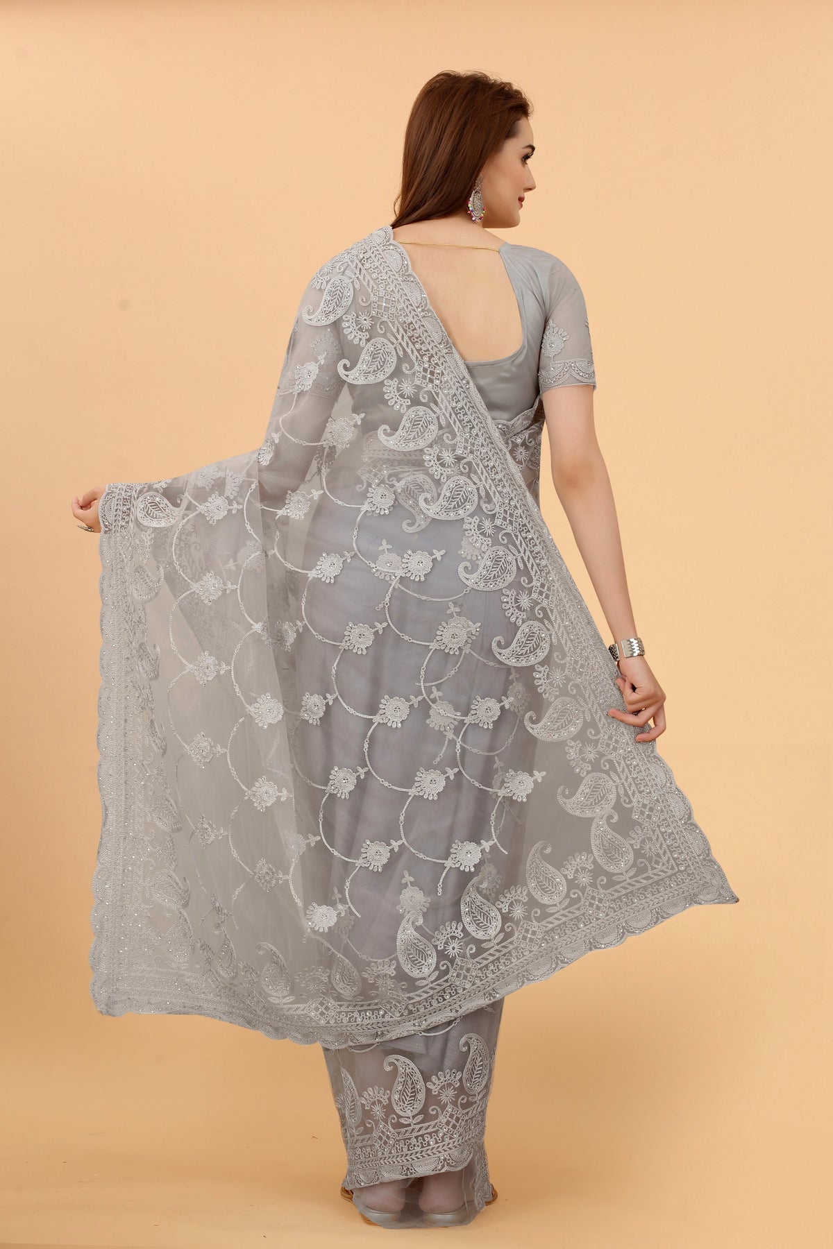 Soft Net Grey Color Ethnic Motif Net Embroidery Party wear C-Pallu Saree