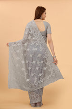 Soft Net Grey Color Ethnic Motif Net Embroidery Party wear C-Pallu Saree