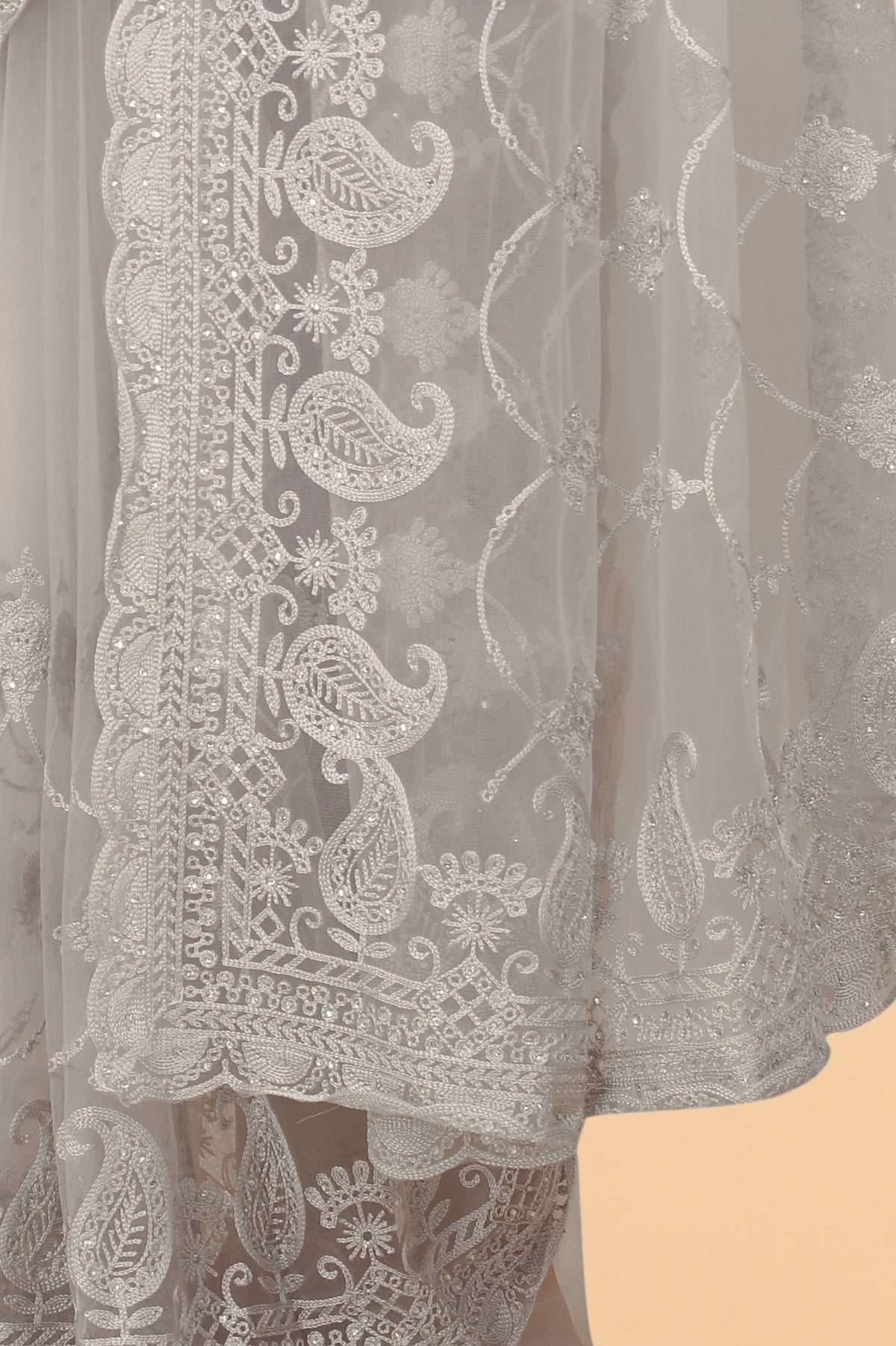 Soft Net Grey Color Ethnic Motif Net Embroidery Party wear C-Pallu Saree