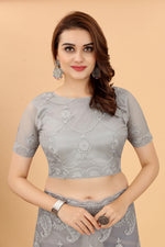 Soft Net Grey Color Ethnic Motif Net Embroidery Party wear C-Pallu Saree