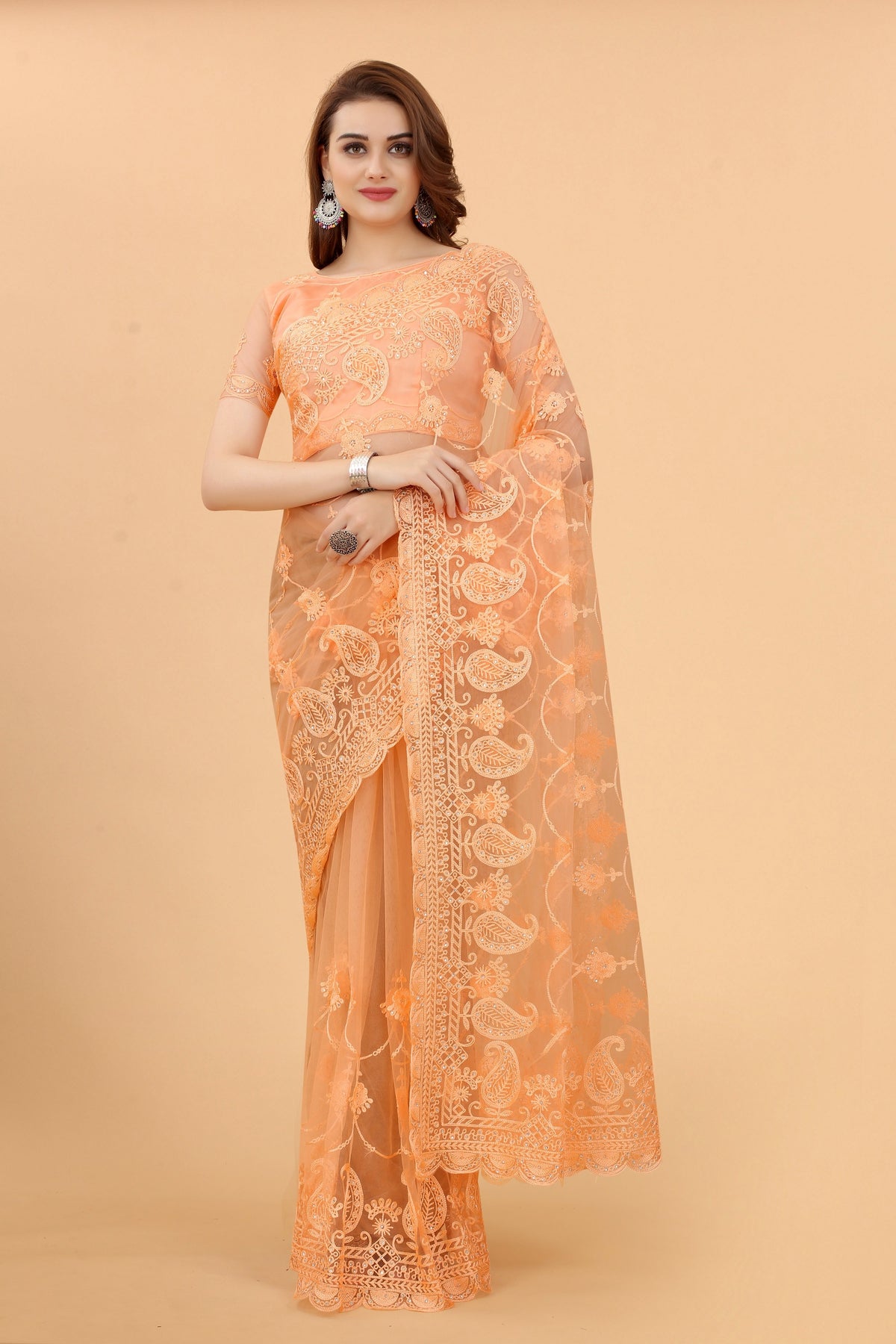 Orange Soft Net Light Color Ethnic Motif Net Embroidery Party wear C-Pallu Saree