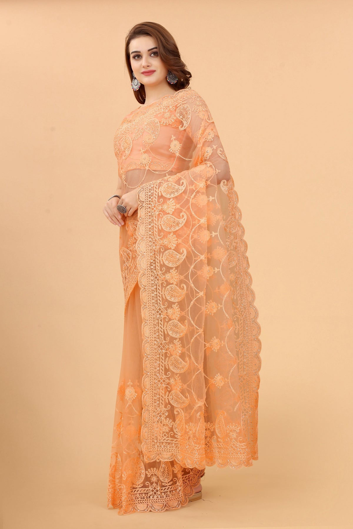 Orange Soft Net Light Color Ethnic Motif Net Embroidery Party wear C-Pallu Saree