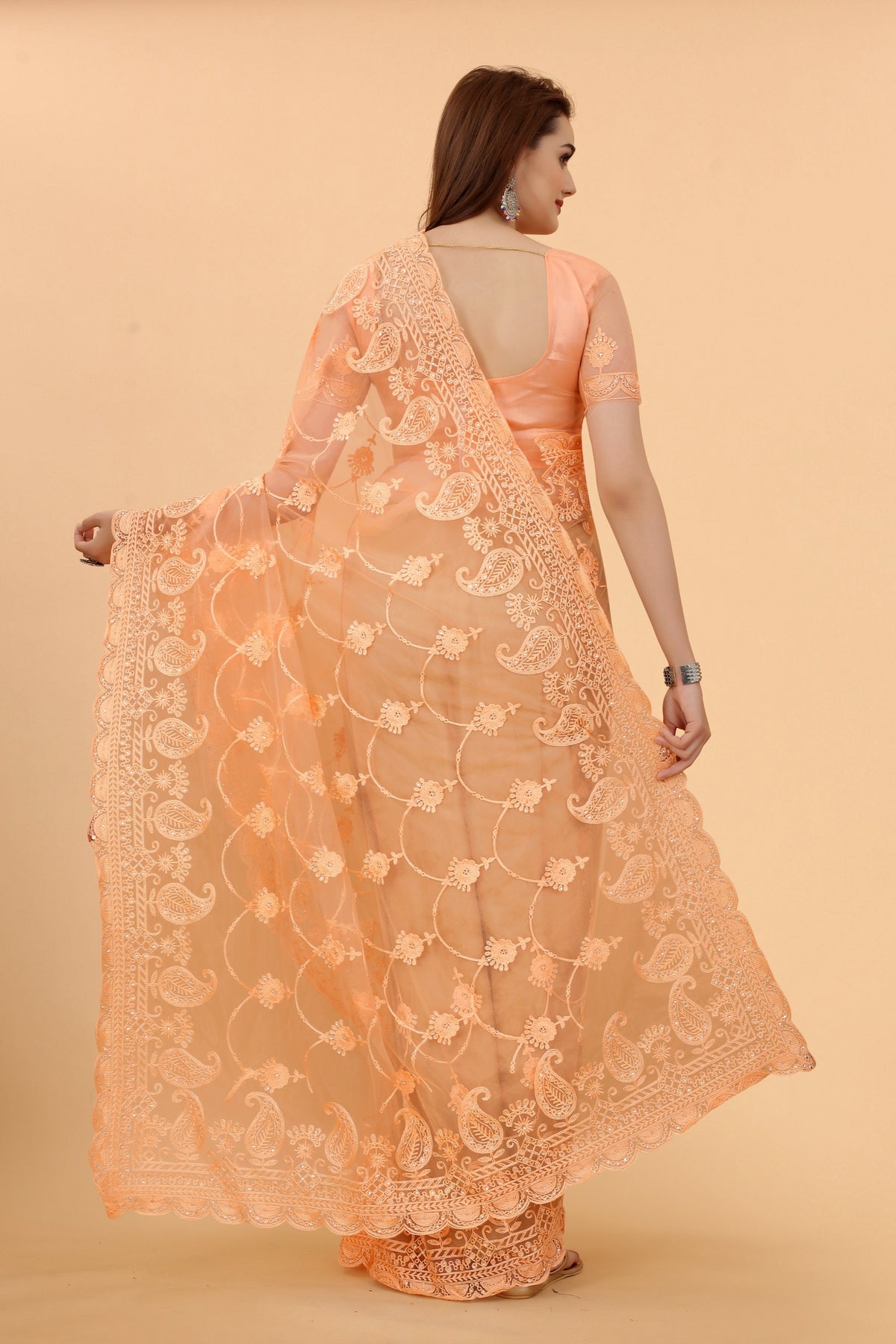 Orange Soft Net Light Color Ethnic Motif Net Embroidery Party wear C-Pallu Saree