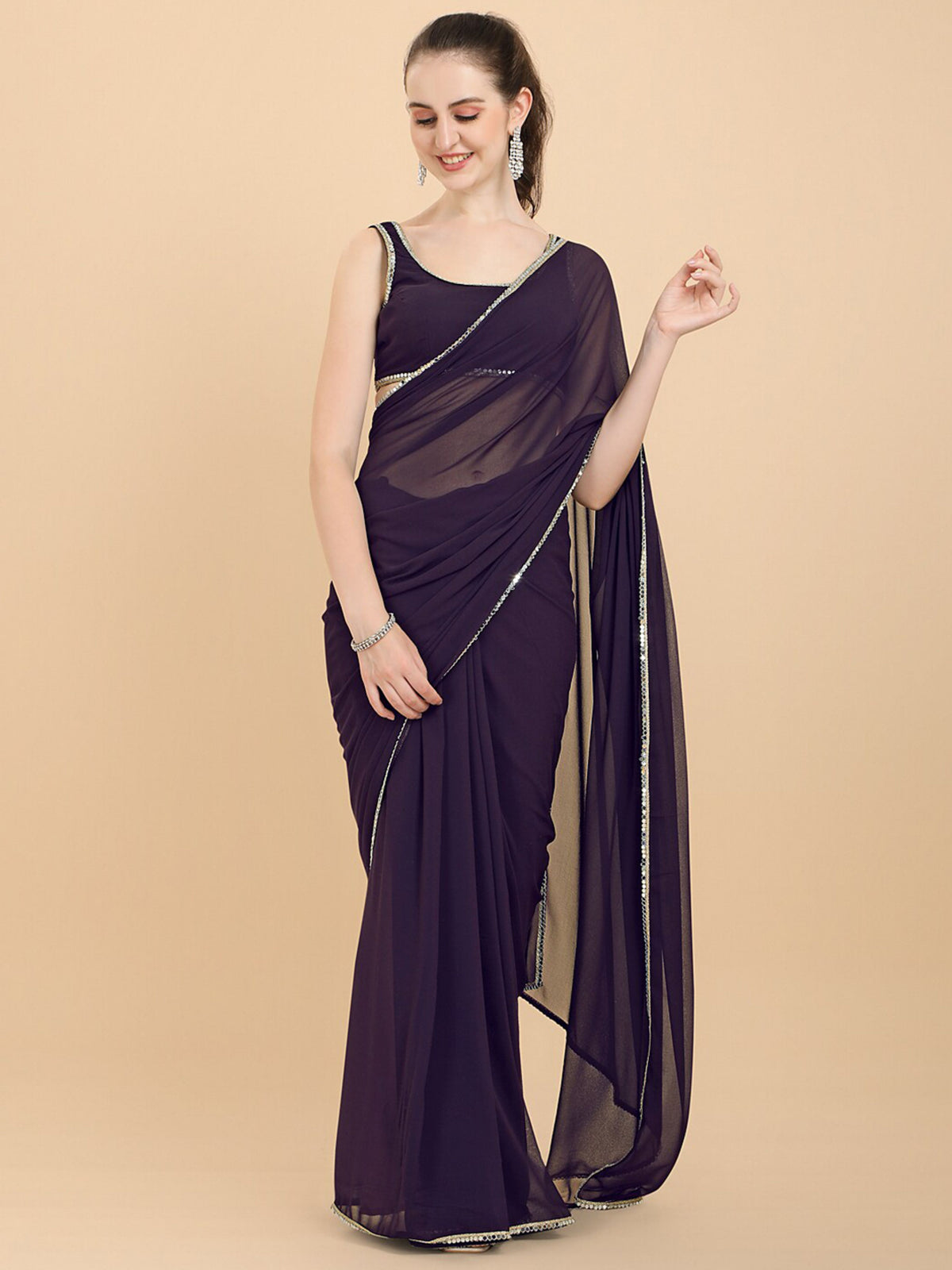 shining rangoli satin silk solid with beautiful sequned embellished lace border saree