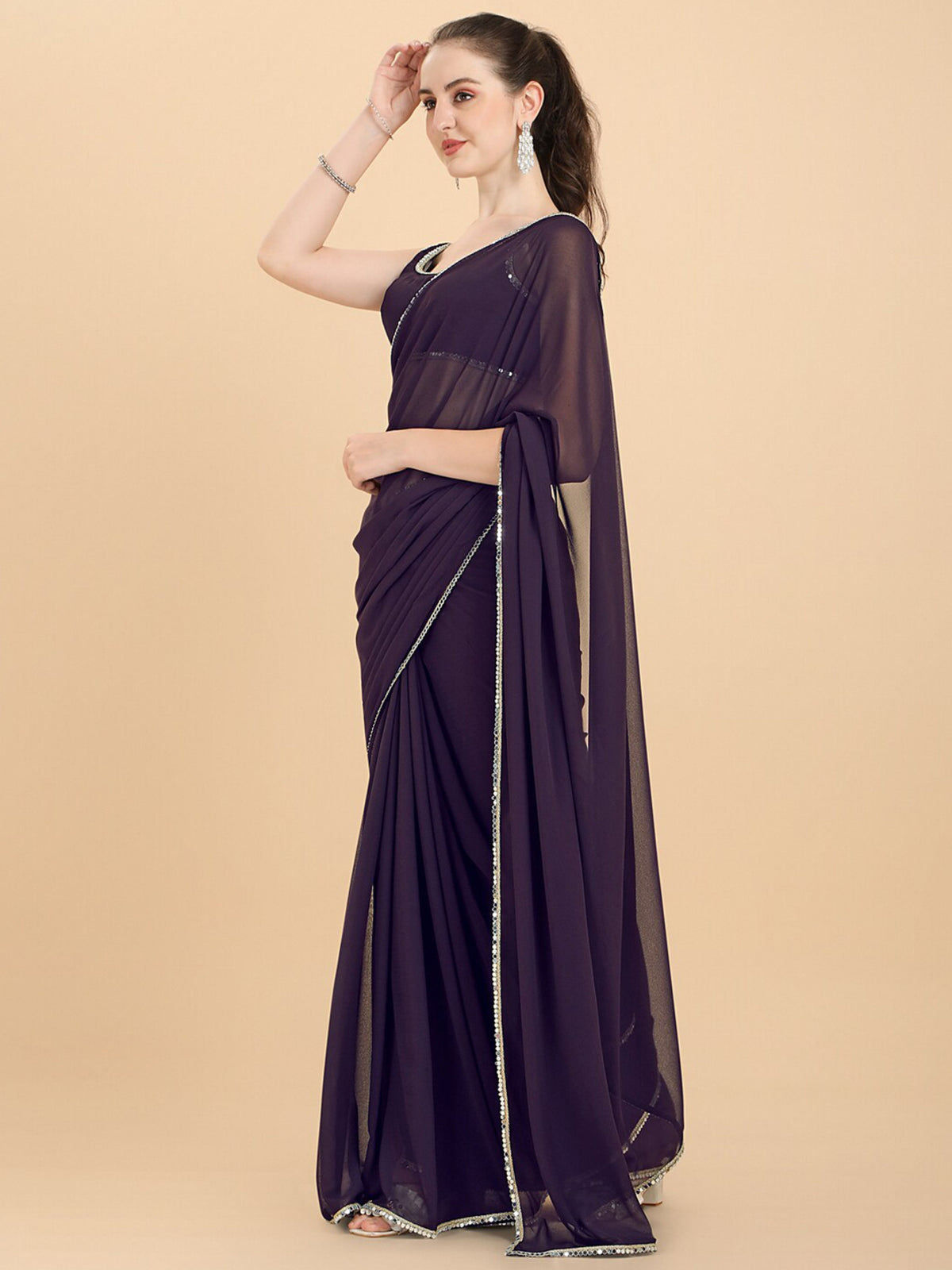 shining rangoli satin silk solid with beautiful sequned embellished lace border saree